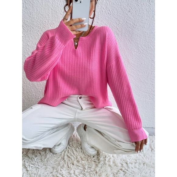 Hot pink barbie Notched Neck Drop Shoulder Split Hem Sweater - Picture 4 of 7